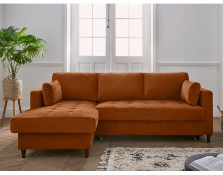 Canapé d'angle gauche 4 places convertible avec coffre en velours Anna