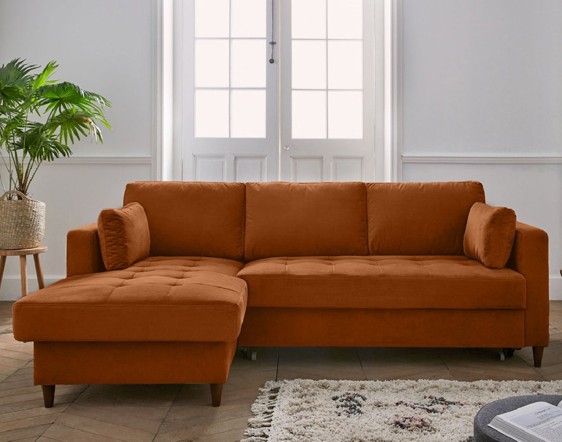 Canapé d'angle gauche 4 places convertible avec coffre en velours Anna