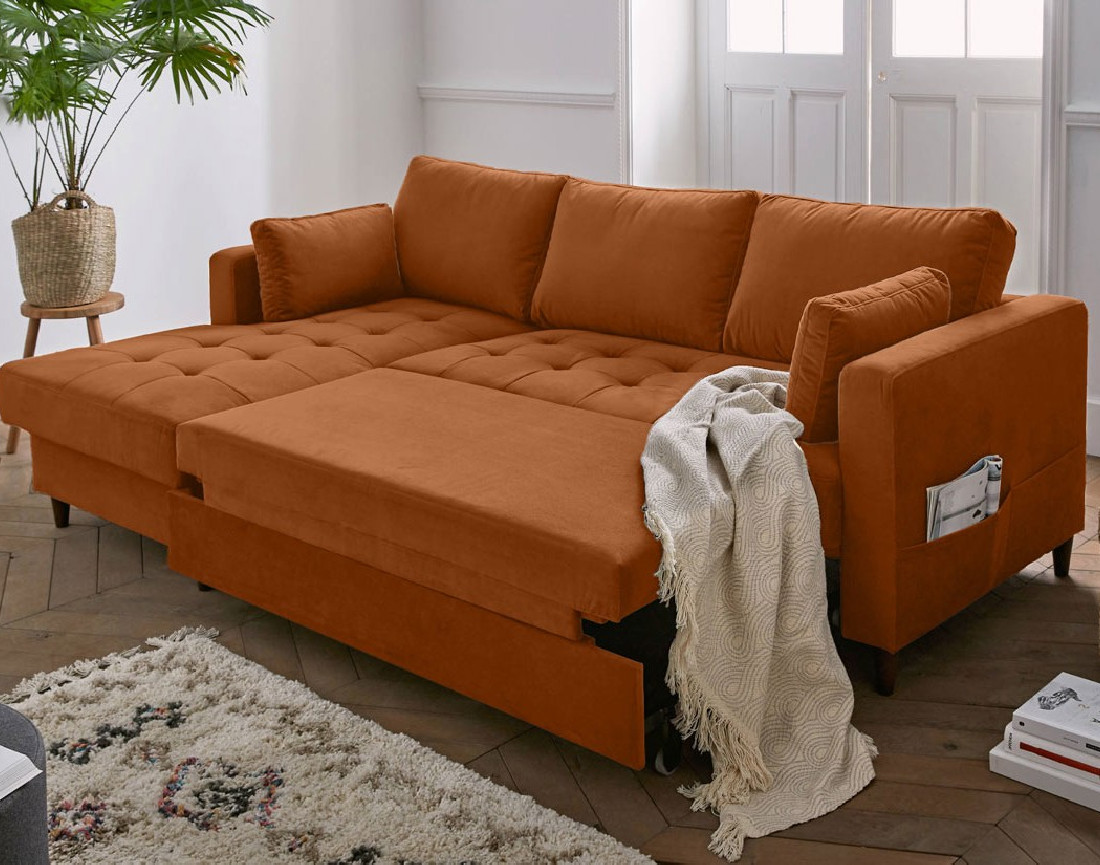 Canapé d'angle gauche 4 places convertible avec coffre en velours Anna