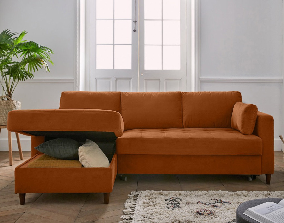 Canapé d'angle gauche 4 places convertible avec coffre en velours Anna