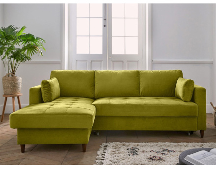 Canapé d'angle gauche 4 places convertible avec coffre en velours Anna