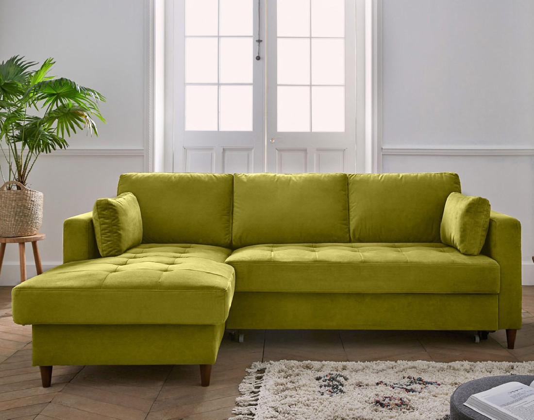 Canapé d'angle gauche 4 places convertible avec coffre en velours Anna