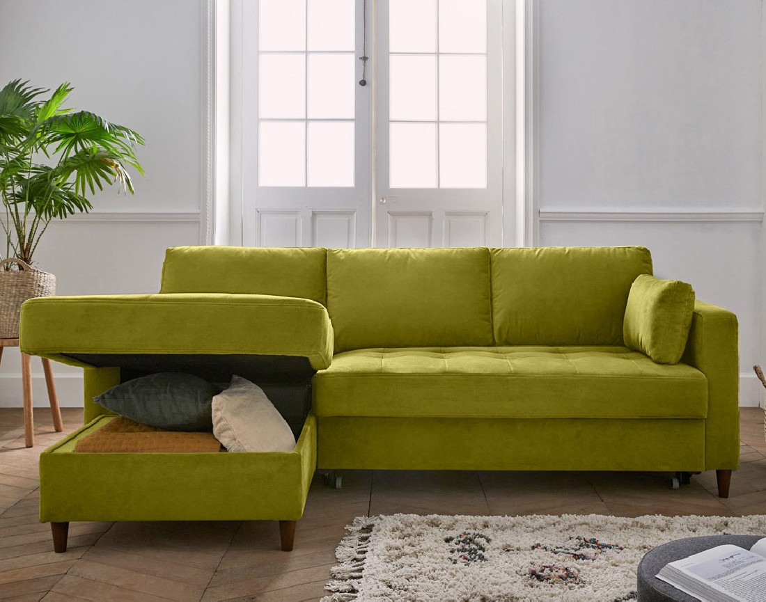 Canapé d'angle gauche 4 places convertible avec coffre en velours Anna