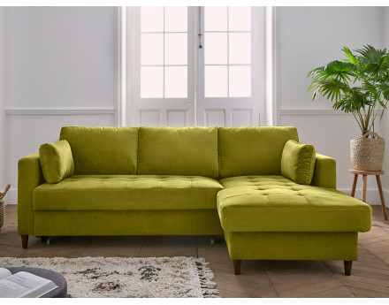 Canapé d'angle droit 4 places convertible avec coffre en velours Anna