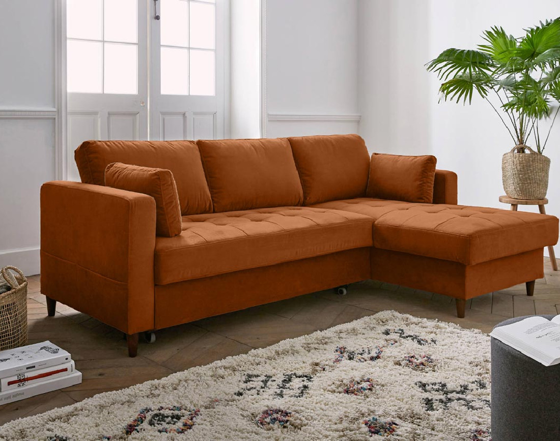 Canapé d'angle droit 4 places convertible avec coffre en velours Anna