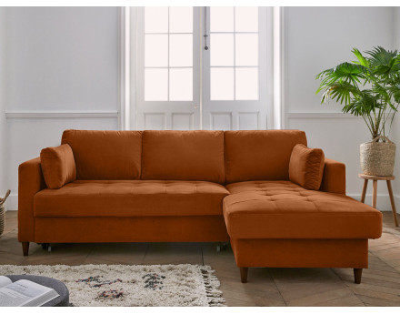 Canapé d'angle droit 4 places convertible avec coffre en velours Anna