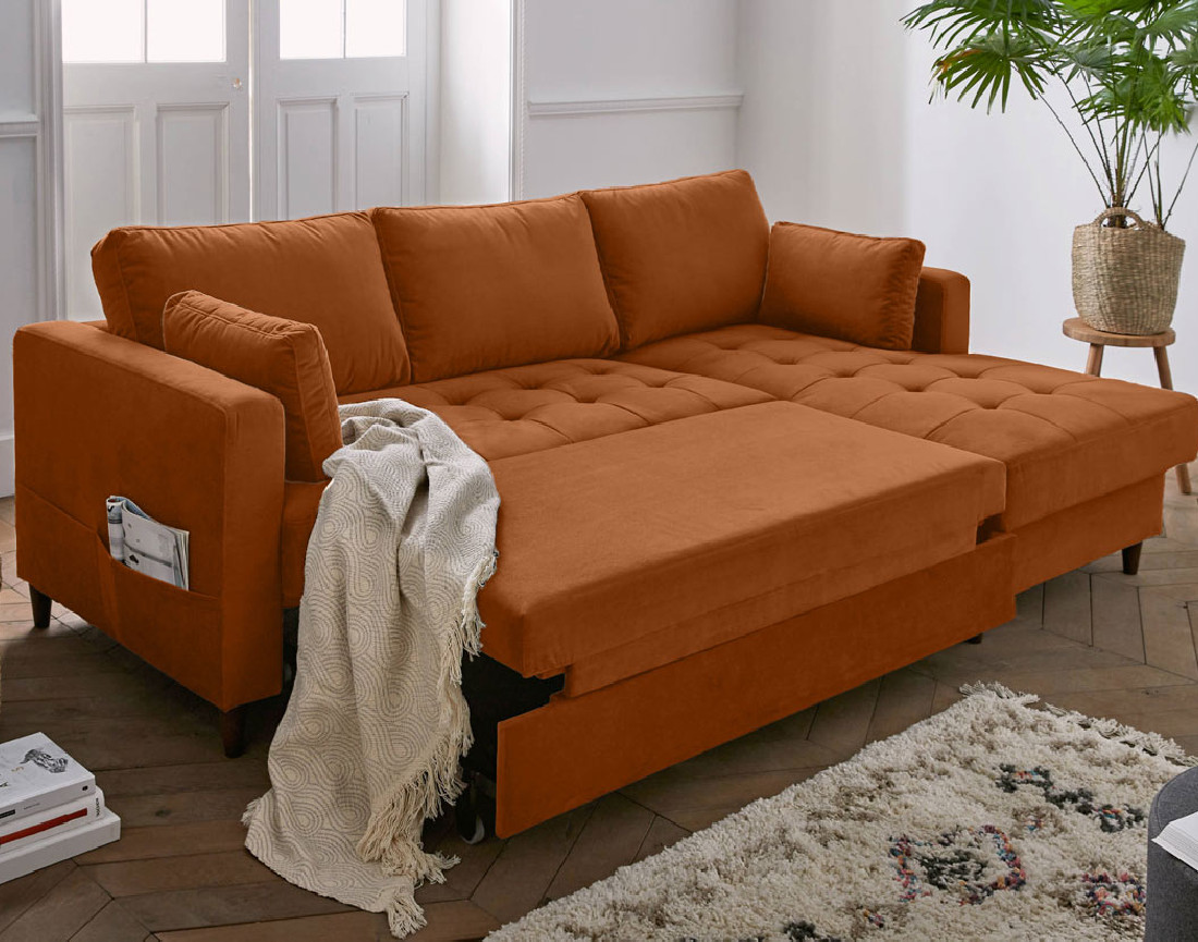 Canapé d'angle droit 4 places convertible avec coffre en velours Anna