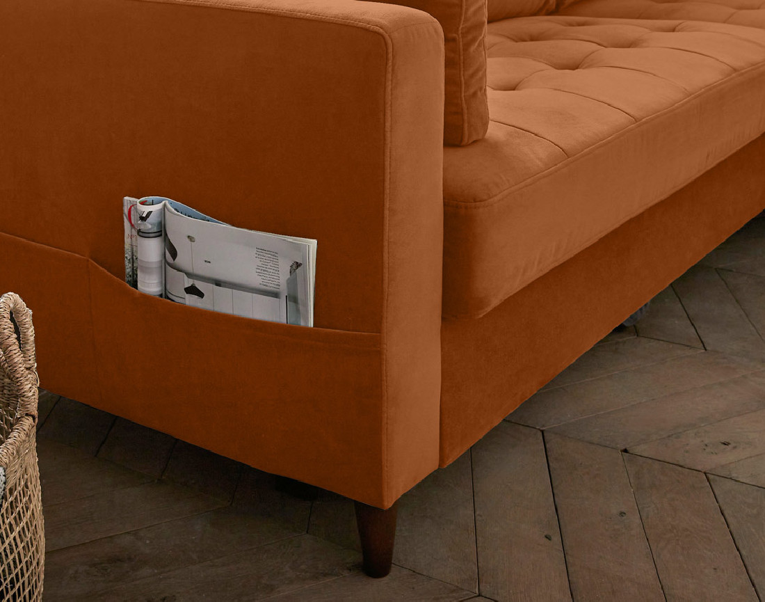 Canapé d'angle droit 4 places convertible avec coffre en velours Anna