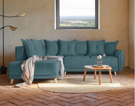 Lena - canapé d’angle gauche bleu canard convertible au style scandinave