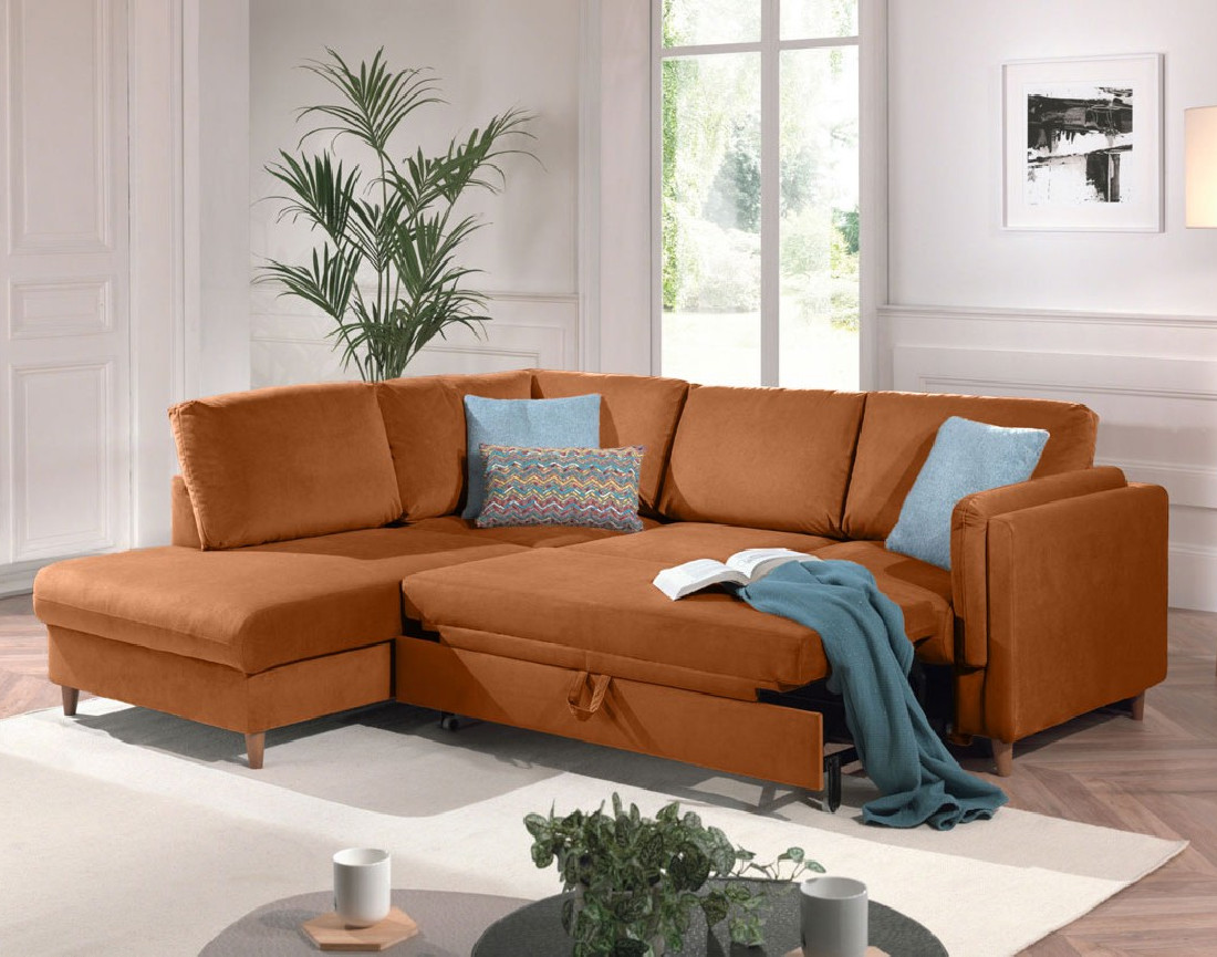 Canapé d'angle gauche convertible 5 places en velours Brooke