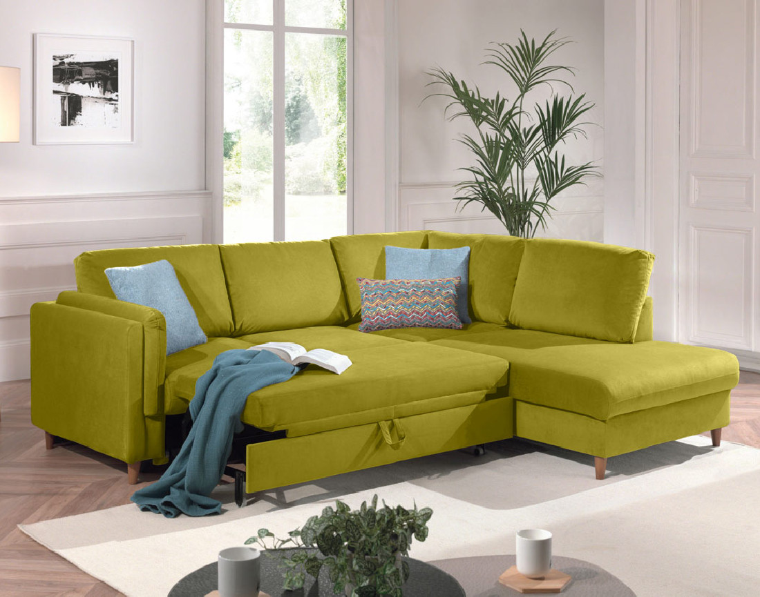 Canapé d'angle droit convertible 5 places en velours Brooke