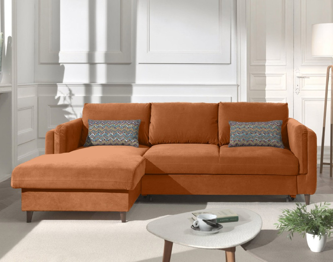 Canapé d'angle gauche convertible avec coffre 4 places en velours Brooke