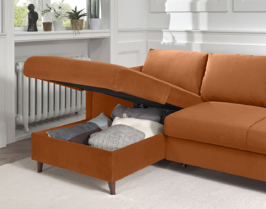 Canapé d'angle gauche convertible avec coffre 4 places en velours Brooke