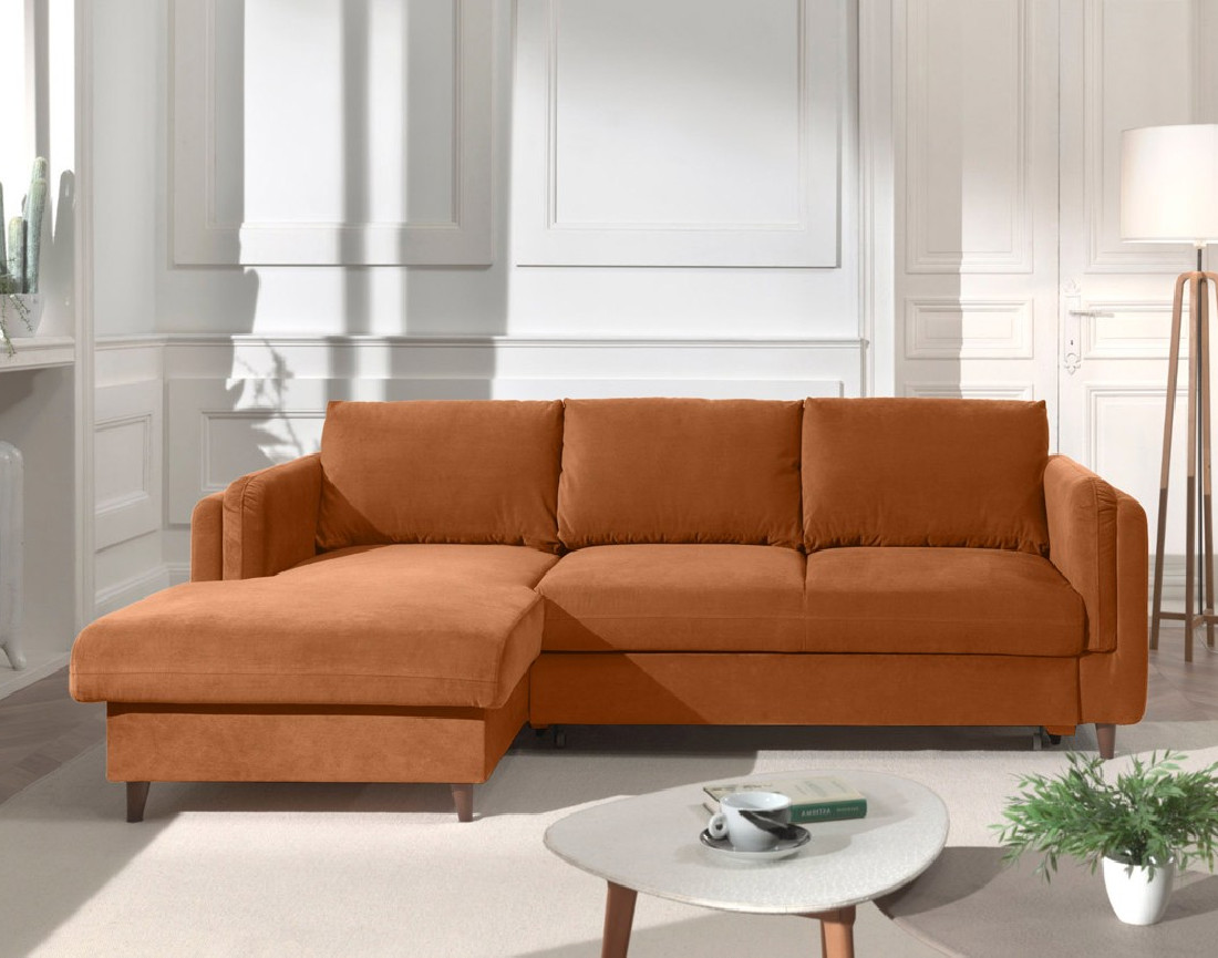Canapé d'angle gauche convertible avec coffre 4 places en velours Brooke