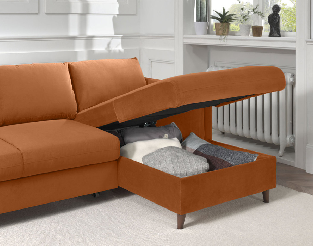 Canapé d'angle droit convertible avec coffre 4 places en velours Brooke