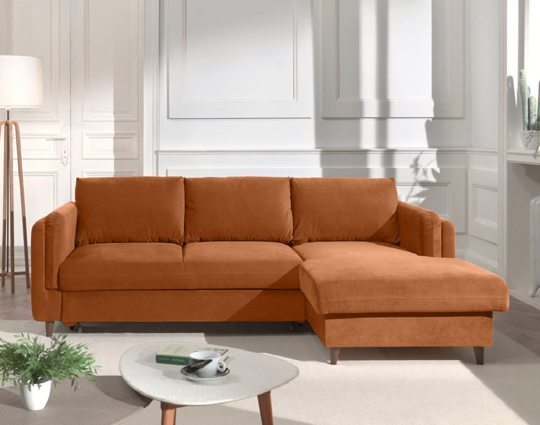 Canapé d'angle droit convertible avec coffre 4 places en velours Brooke