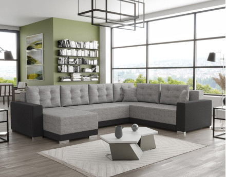 Canapé panoramique d'angle réversible 7 places convertible avec coffre en tissu Roger