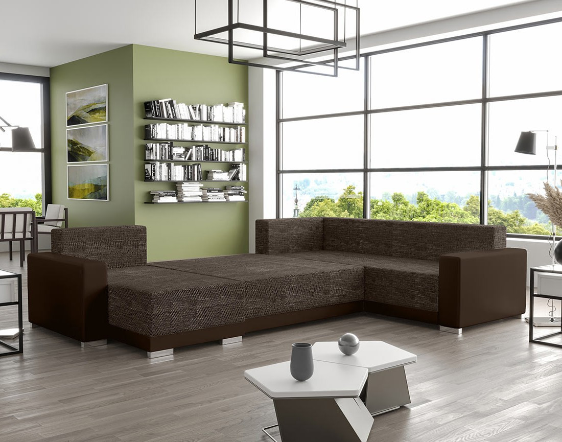 Canapé panoramique d'angle réversible 7 places convertible avec coffre en tissu Roger