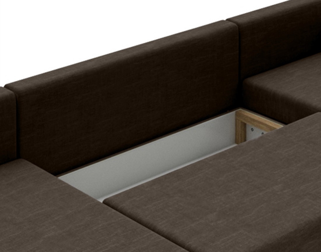 Canapé panoramique d'angle réversible 7 places convertible avec coffre en tissu Roger