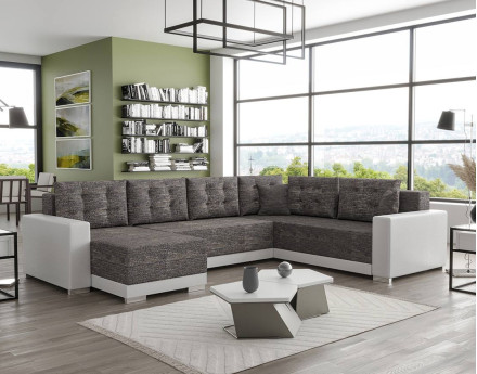 Canapé panoramique d'angle réversible 7 places convertible avec coffre en tissu Roger