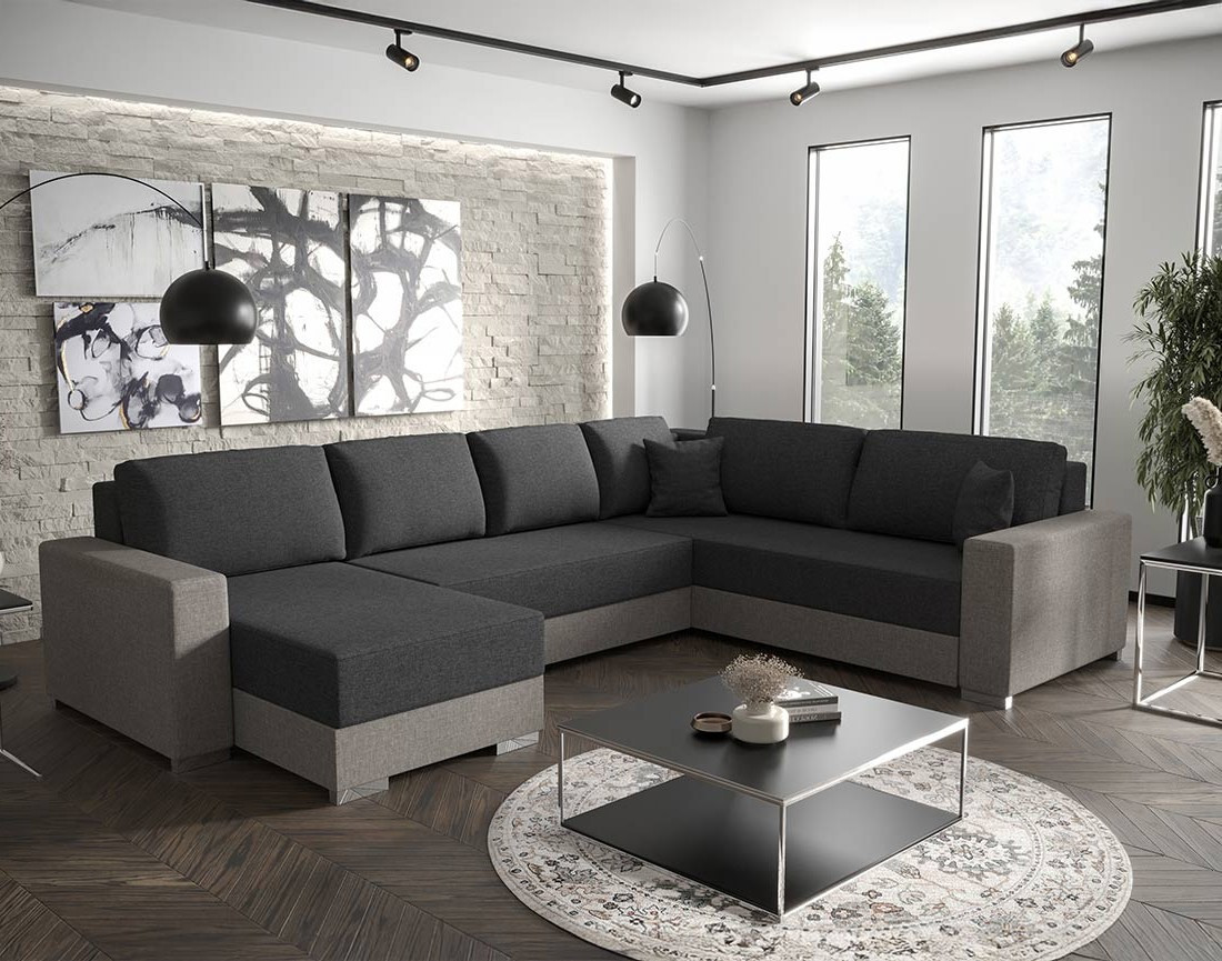 Canapé panoramique d'angle réversible 7 places convertible avec coffre en tissu Epona