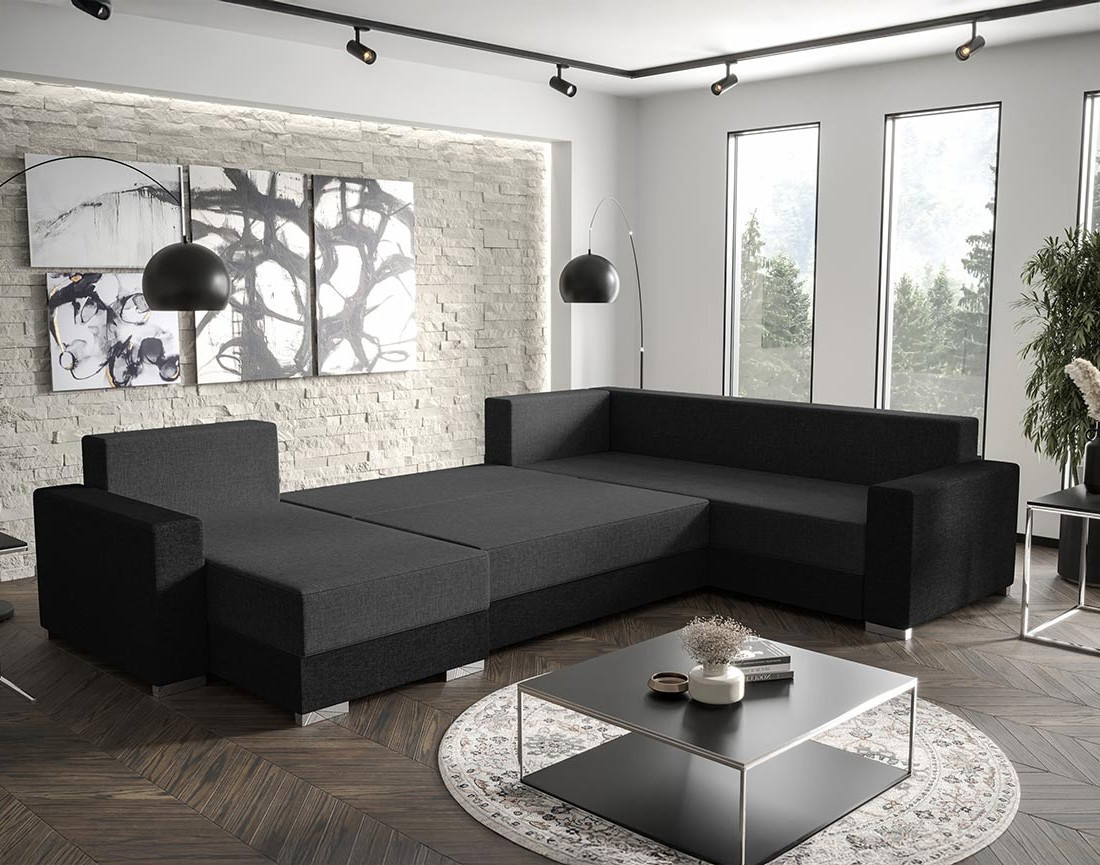 Canapé panoramique d'angle réversible 7 places convertible avec coffre en tissu Epona