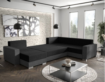 Canapé panoramique d'angle réversible 7 places convertible avec coffre en tissu Epona