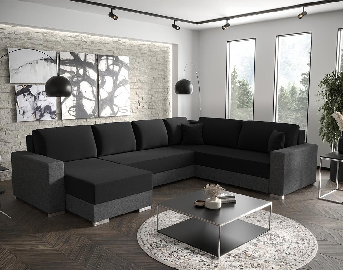 Canapé panoramique d'angle réversible 7 places convertible avec coffre en tissu Epona