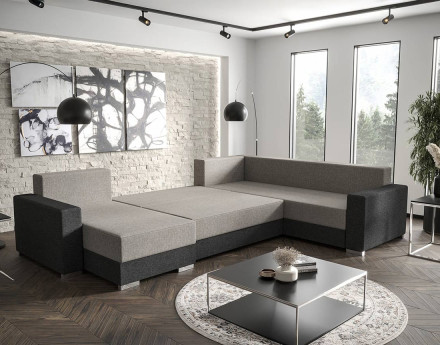 Canapé panoramique d'angle réversible 7 places convertible avec coffre en tissu Epona