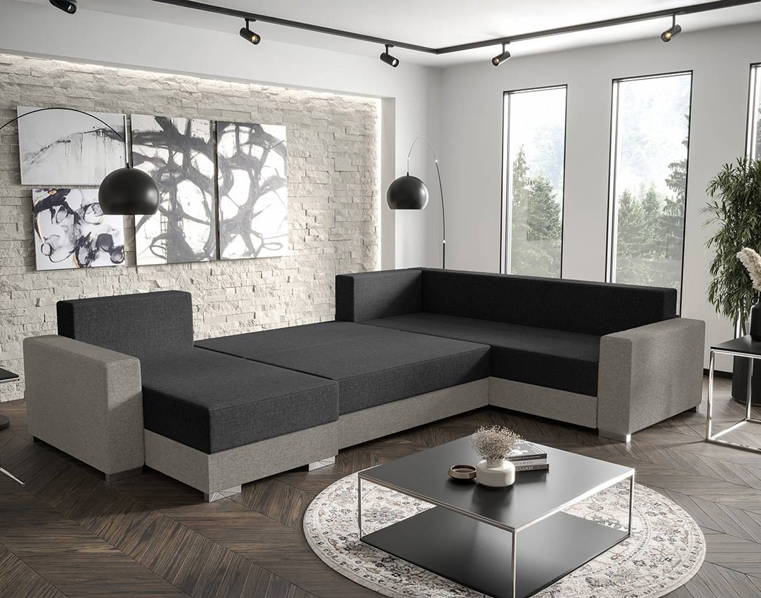 Canapé panoramique d'angle réversible 7 places convertible avec coffre en tissu Epona