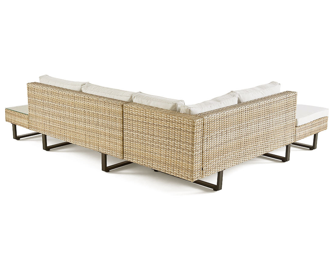 Salon de jardin d’angle en résine beige et grise 5 places coussins gris clair et table incluse Sashi