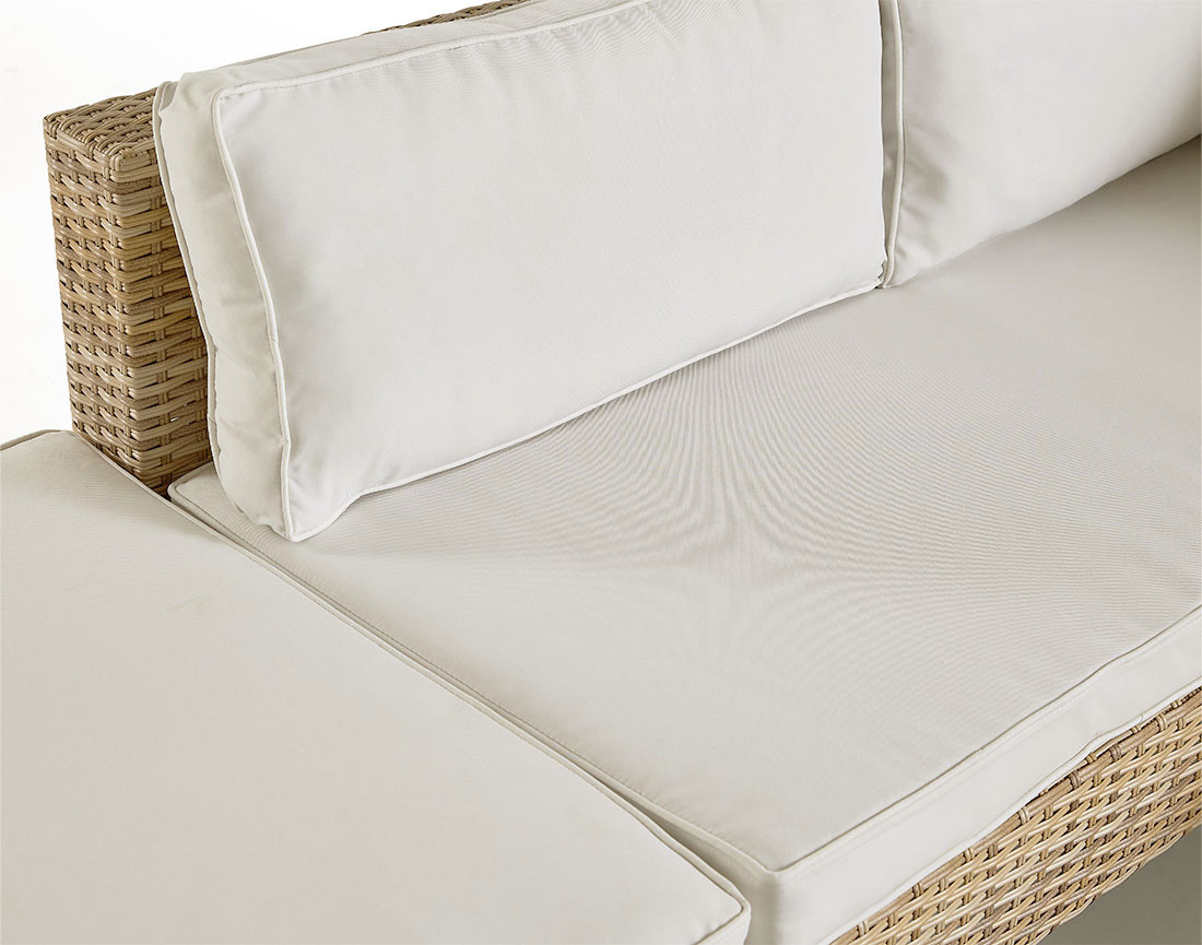 Salon de jardin d’angle en résine beige et grise 5 places coussins gris clair et table incluse Sashi