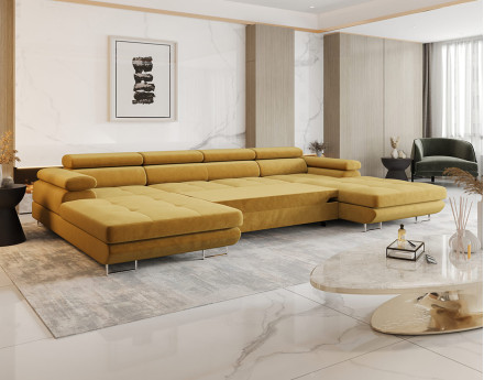 Canapé panoramique en U 7 places convertible avec coffre et têtières réglables en tissu Ayden