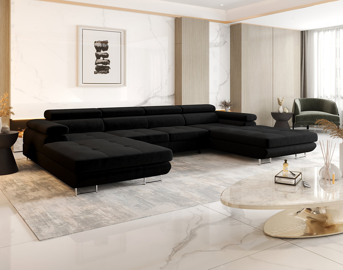 Canapé panoramique en U 7 places convertible avec coffre et têtières réglables en tissu Ayden