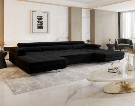 Canapé panoramique en U 7 places convertible avec coffre et têtières réglables en tissu Ayden