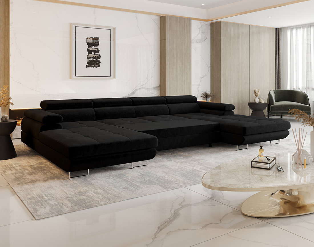 Canapé panoramique en U 7 places convertible avec coffre et têtières réglables en tissu Ayden