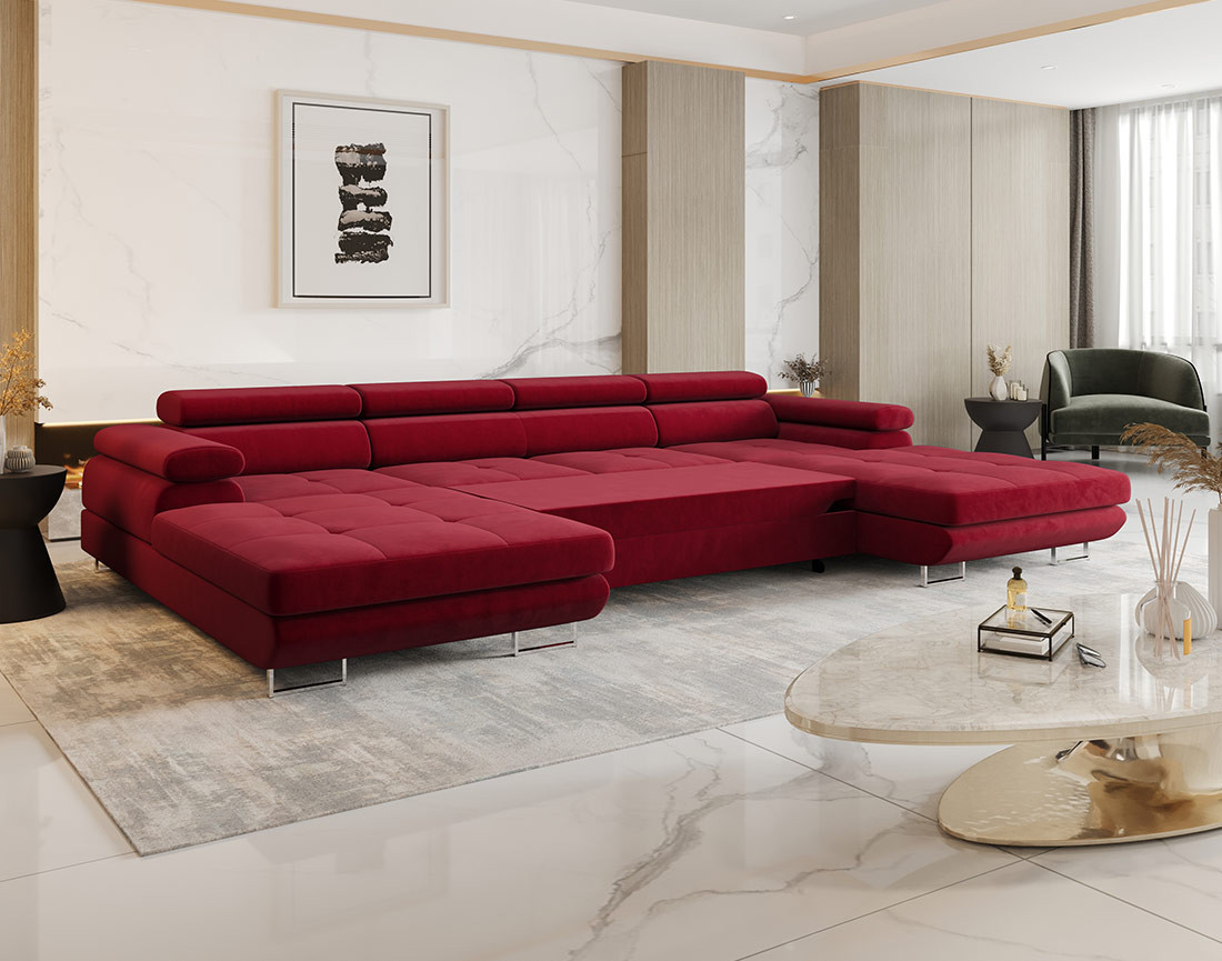 Canapé panoramique en U 7 places convertible avec coffre et têtières réglables en tissu Ayden