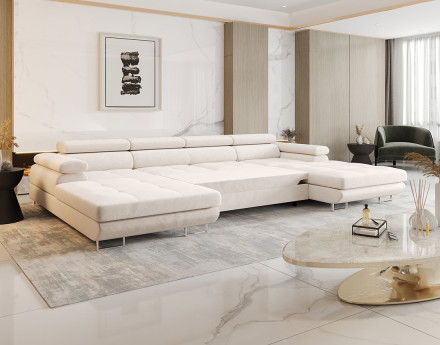 Canapé panoramique en U 7 places convertible avec coffre et têtières réglables en tissu Ayden