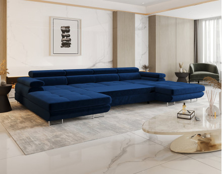 Canapé panoramique en U 7 places convertible avec coffre et têtières réglables en tissu Ayden