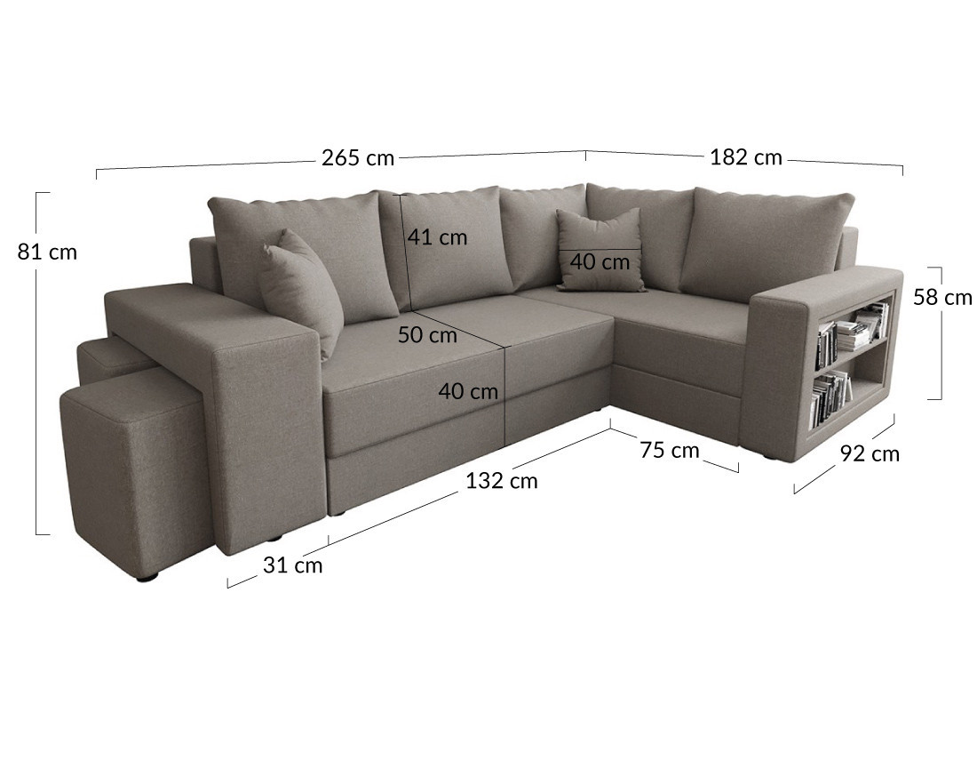 Canapé d'angle droit 4 places convertible avec coffre, étagère et poufs en tissu Libbie