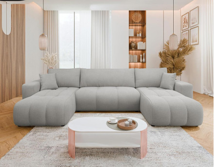 Canapé panoramique en U 7 places convertible avec coffre en tissu Nicole
