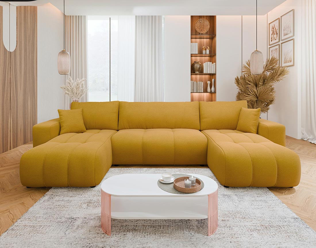 Canapé panoramique en U 7 places convertible avec coffre en tissu Nicole