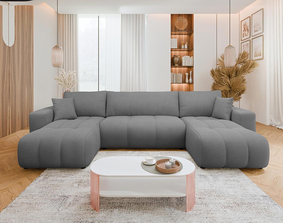 Canapé panoramique en U 7 places convertible avec coffre en tissu Nicole