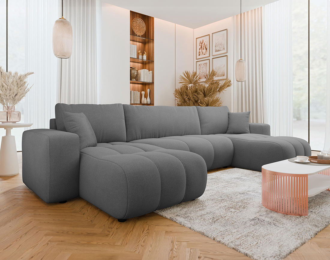Canapé panoramique en U 7 places convertible avec coffre en tissu Nicole