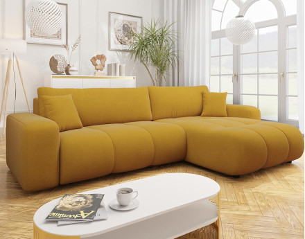 Canapé d'angle réversible 5 places convertible avec coffre en tissu Nicole