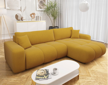 Canapé d'angle réversible 5 places convertible avec coffre en tissu Nicole