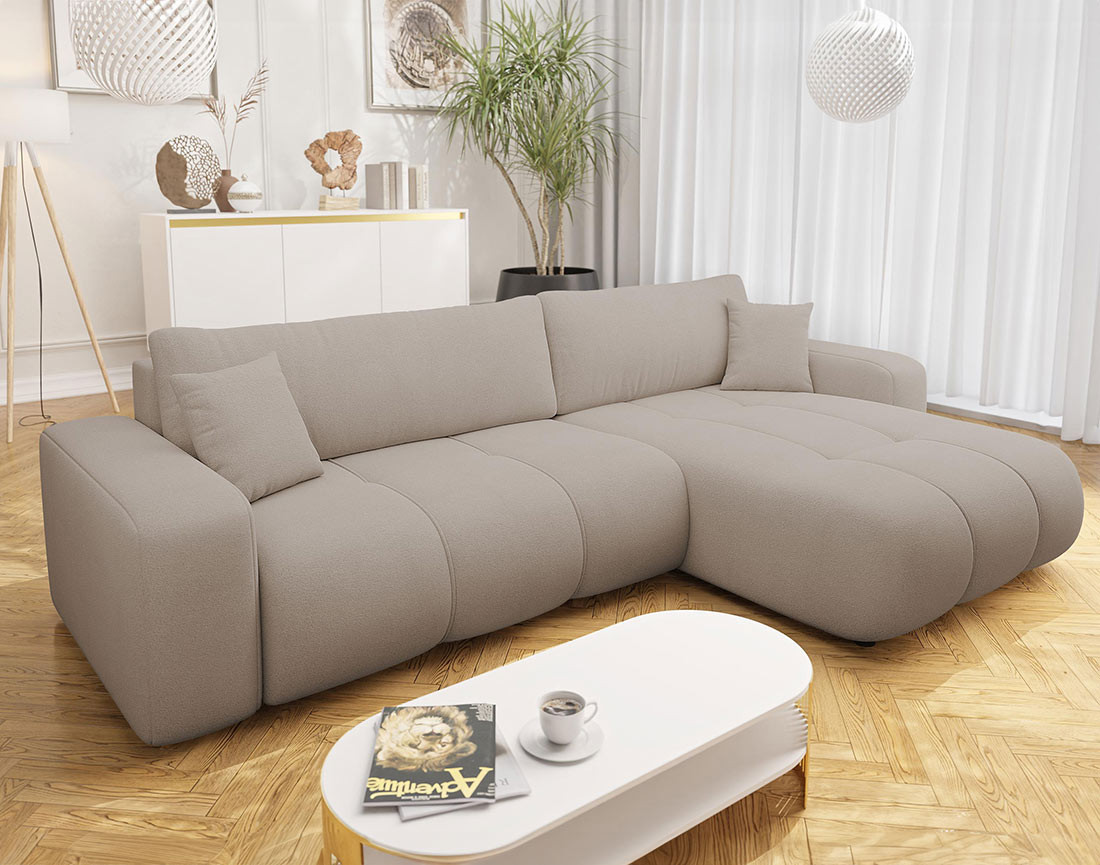 Canapé d'angle réversible 5 places convertible avec coffre en tissu Nicole