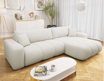 Canapé d'angle réversible 5 places convertible avec coffre en tissu Nicole