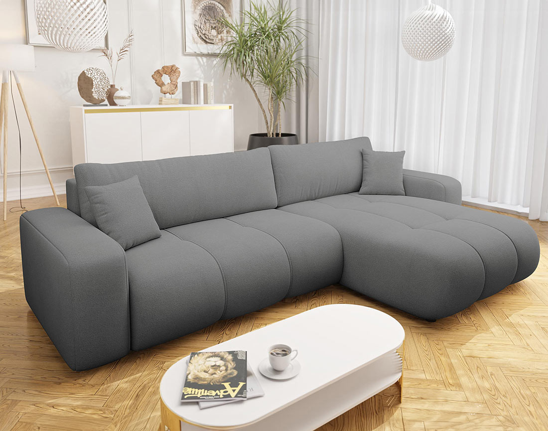 Canapé d'angle réversible 5 places convertible avec coffre en tissu Nicole