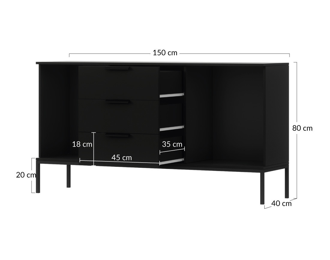 Buffet bas bois et noir 3 tiroirs et 2 portes 150 cm Savanna